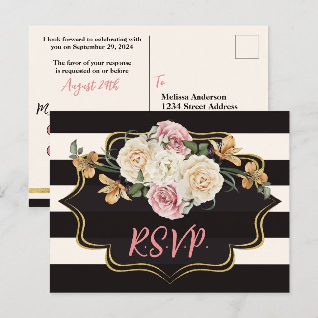 Bold Black, Ivory Stripes, Florals RSVP  Postcard (Front/Back)