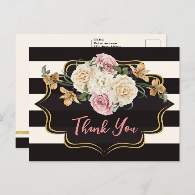 Bold Black, Ivory Stripes, Florals Thank You Postcard (Front/Back)