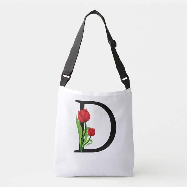 Bold Black Letter "D" Crossbody Bag (The bag's design is clean and modern, with the tulips adding a touch of nature and color!)