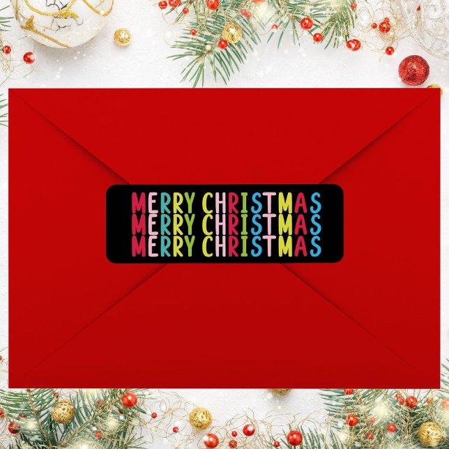 Bold Black Merry Christmas Repeat Text Design (Colorful Bright Merry Christmas Black Background Label)