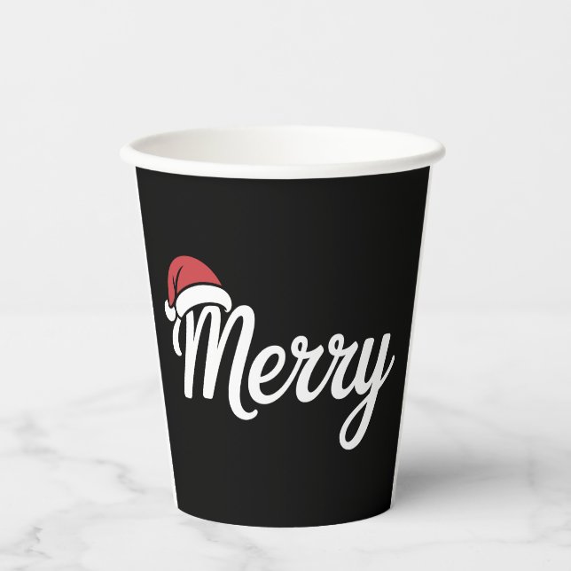 Bold Black Merry Christmas Santa Hat Paper Cups (Front)