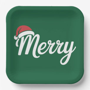 Bold Black Merry Christmas Santa Hat Paper Plate