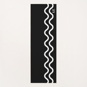 Bold Black Modern Minimal Wavy Lines With Initials Yoga Mat