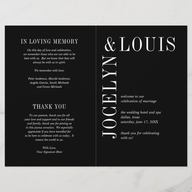 Bold Black Modern Wedding Program Flyer (Front)