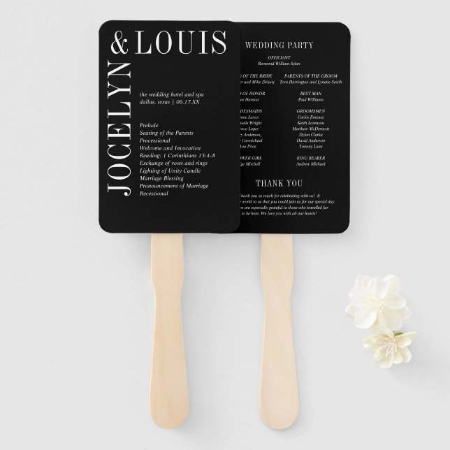 Bold Black Modern Wedding Program Hand Fan (Front and Back)