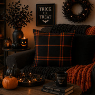 Bold Black Orange Scottish Tartan Modern Autumn Cushion