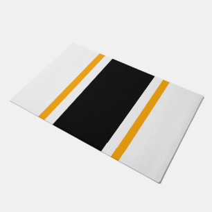 Bold Black Orange Vertical Racing Stripes On White Doormat