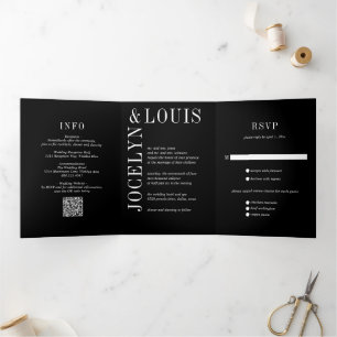Bold Black QR Code Modern Wedding Tri-Fold Invitation