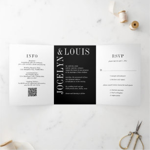 Bold Black QR Code Modern Wedding Tri-Fold Invitation