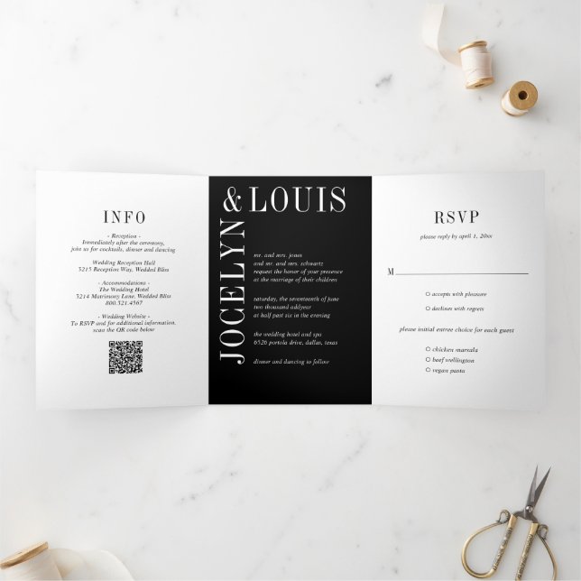Bold Black QR Code Modern Wedding Tri-Fold Invitation (Inside)