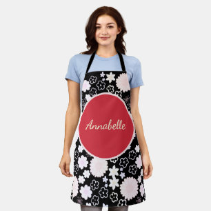Bold Black Red Flowers Floral Pattern Named  Apron