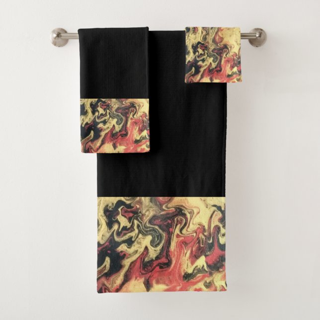 Bold Black Red Gold Abstract Bathroom Towel Set (Insitu)