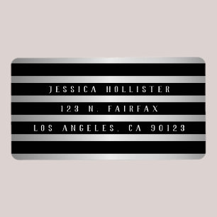 Bold Black Stripes & Faux Silver   Return Address Label