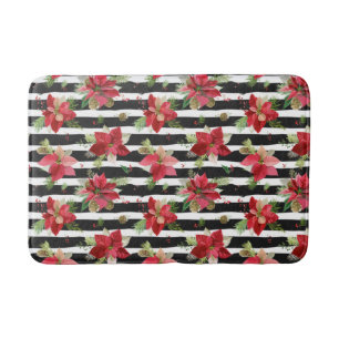 Bold Black Stripes with Poinsettias Bath Mat