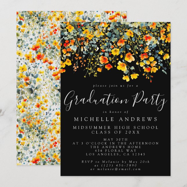 Bold Black Summer Floral Graduation Party Invitation (Front/Back)