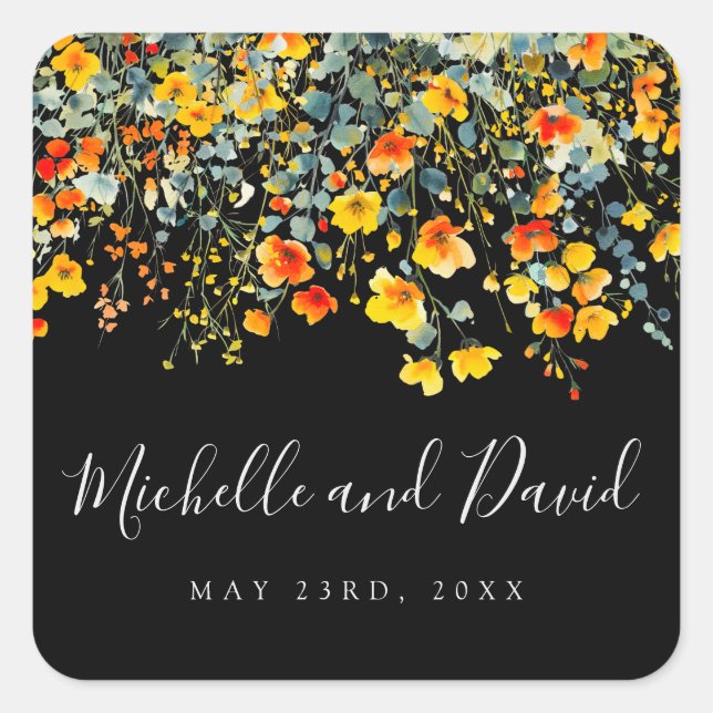 Bold Black Summer Watercolor Floral Wedding Square Sticker (Front)