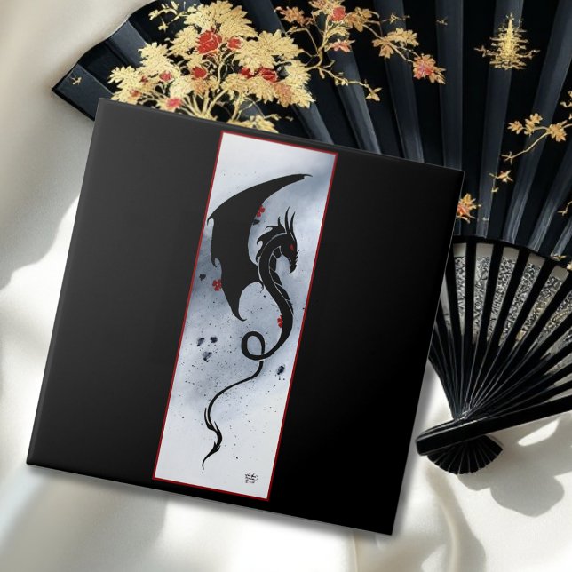 Bold Black Tribal Dragon Red Blue Flowers Tile (Creator Uploaded)