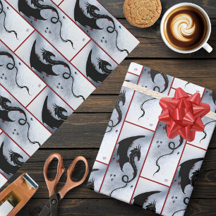 Bold Black Tribal Dragon Red Blue Flowers Wrapping Paper
