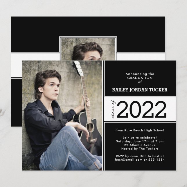 Bold Black & White 2-Photo Graduation Announcement (Front/Back)
