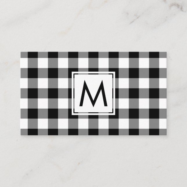 Bold Black White Buffalo Plaid Pattern Monogram Business Card (Front)