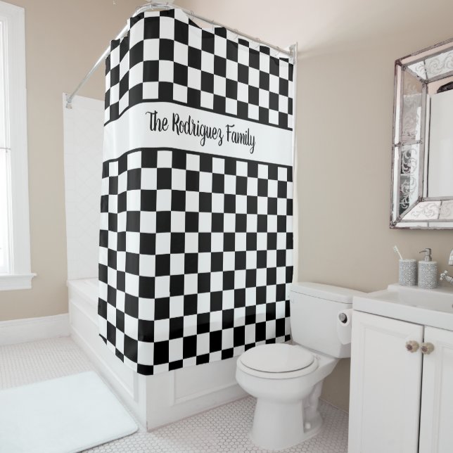 Bold Black White Chequered Pattern Custom Name Shower Curtain (In Situ)
