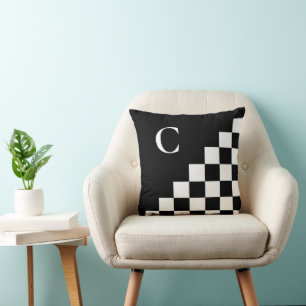 Bold Black White Chequered Pattern with Monogram Cushion