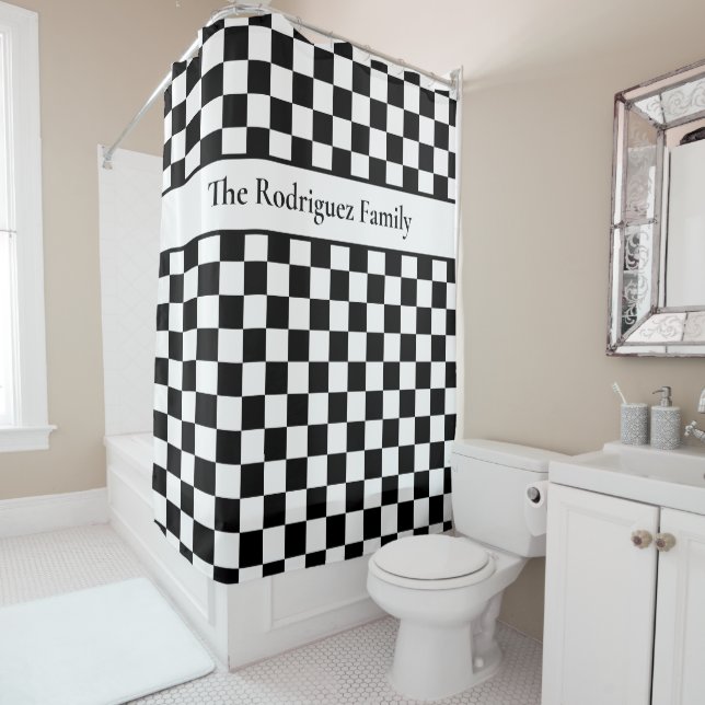 Bold Black White Chequered Pattern with Name Shower Curtain (In Situ)
