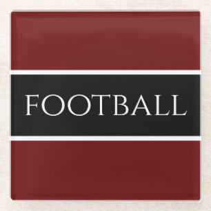 Bold Black White Dark Red Stripes "Football" Text Glass Coaster