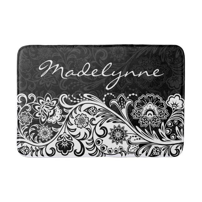 Bold Black White Floral Design Bath Mat (Front)