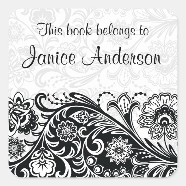 Bold Black White Floral Design Bookplate Sticker (Front)