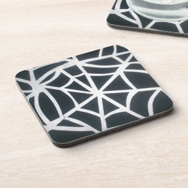 Bold Black & White Spider Web Geometric Pattern Coaster (Left Side)