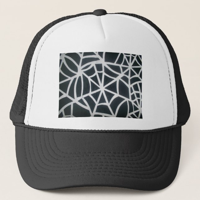 Bold Black & White Spider Web Geometric Pattern Trucker Hat (Front)