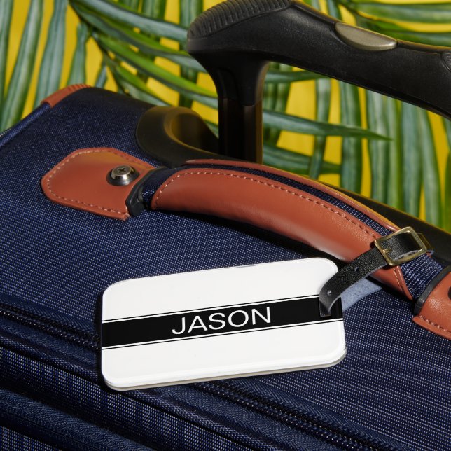 Bold Black & White Stripe Editable Text Luggage Tag (Front Insitu 3)