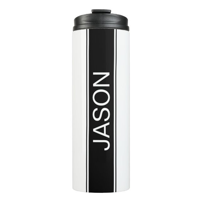 Bold Black & White Stripe Editable Text Thermal Tumbler (Front)