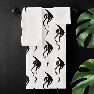 Bold Black White Tribal Dragon Illustration Design Bath Towel Set