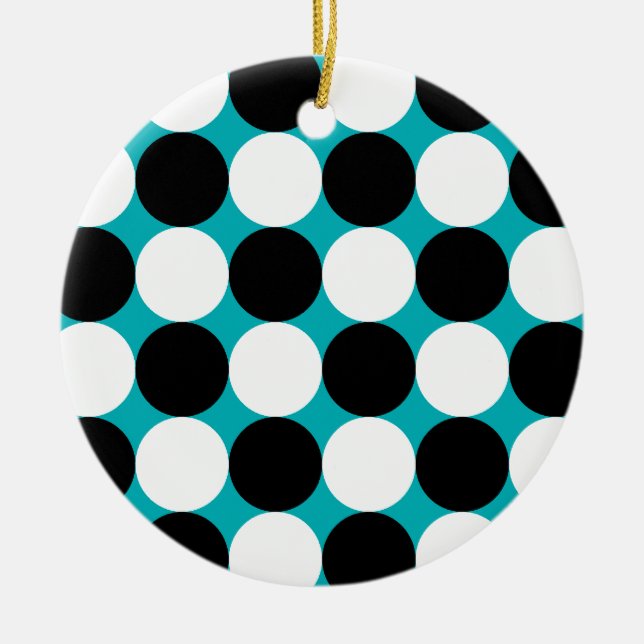 Bold Black White Turquoise Pop Art Polka Dots Ceramic Tree Decoration (Front)