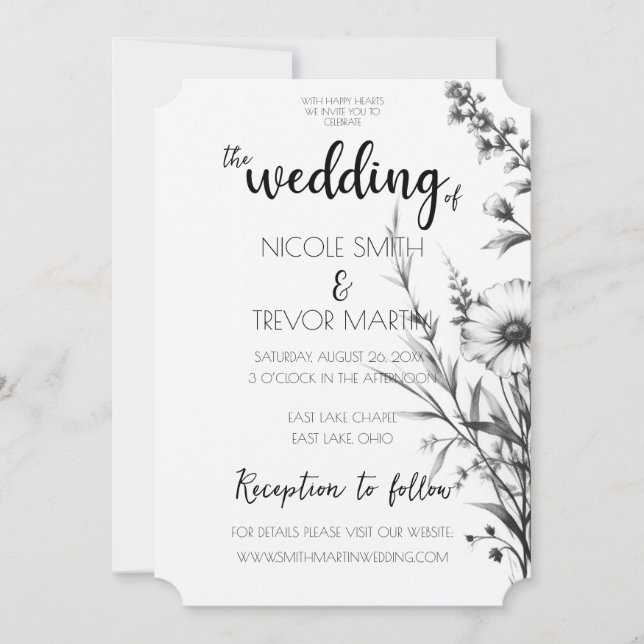 Bold Black & White Wildflowers Invitation (Front)