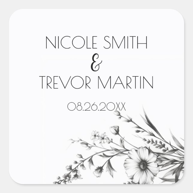 Bold Black & White Wildflowers Square Sticker (Front)