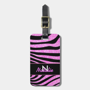 BOLD BLACK ZEBRA STRIPES NAME TEAL GLITTER LUGGAGE TAG
