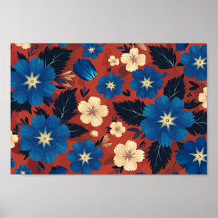 Bold Blue and Cream Floral on Red Background Poster