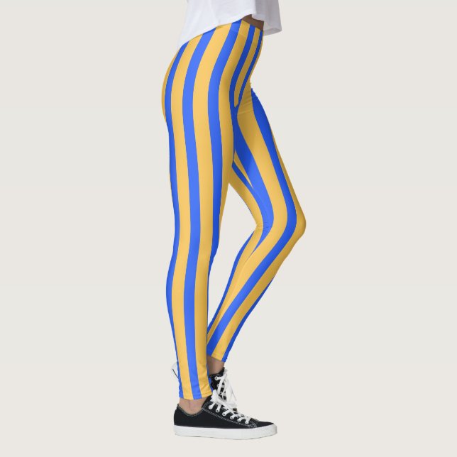 Bold Blue and Gold Vertical Stripes Pattern Leggings (Right)