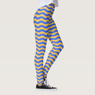 Bold Blue and Gold Wavy Stripes Pattern Leggings