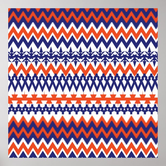 Bold Blue and Orange Tribal Chevron Pattern Poster (Front)