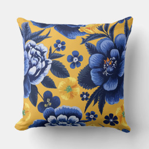 Bold Blue and Yellow Floral on a Yellow background Cushion