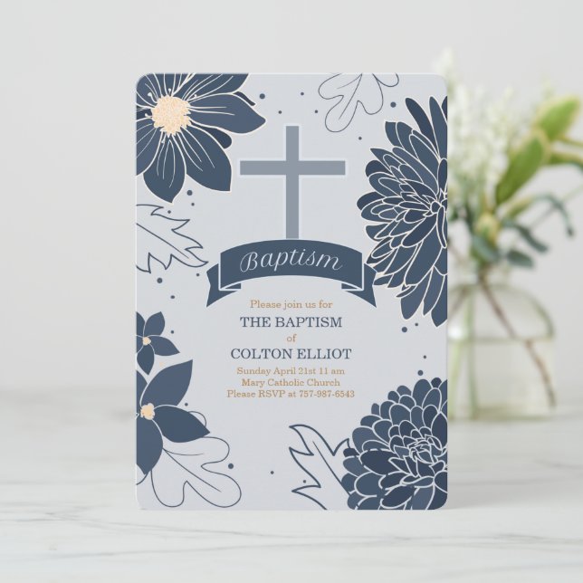 Bold Blue Botanicals with Cross Baptism Invitation (Standing Front)
