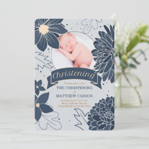 Bold Blue Botanicals with Photo Christening Invitation