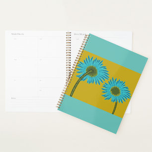 Bold Blue Daisy Art on Mustard Yellow Background Planner