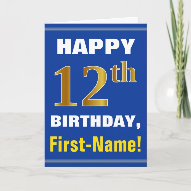 Bold, Blue, Faux Gold 12th Birthday w/ Name Card (Front)