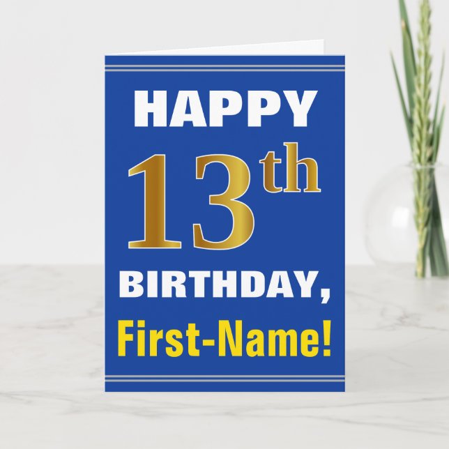 Bold, Blue, Faux Gold 13th Birthday w/ Name Card (Front)