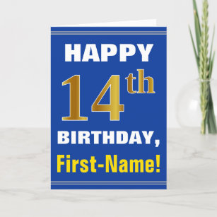 Bold, Blue, Faux Gold 14th Birthday w/ Name Card